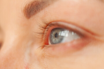 Close-up of a woman's eye. Blue beautiful eyes without makeup