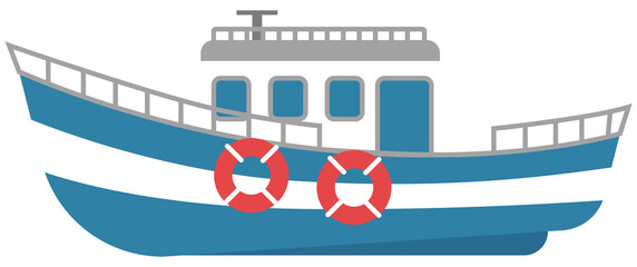 Ship for travel by water. Sea transport isolated on a white background. Boat with anchor and cabin. Lifebuoys to rescue drowning people are on the board. Vehicle for transporting passengers