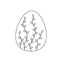 Easter egg decorated with twigs with leaves. Traditional food and symbol for the Orthodox and Catholic holidays. Happy easter. Black and white doodle vector illustration isolated. Icon or card line