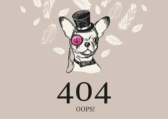 Page 404. Link to non-existent page. Dogs with a monocle and flying feathers.