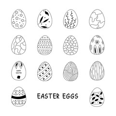 Set Easter eggs decorated. Traditional food and symbol for the Orthodox and Catholic holidays. Happy easter. Black and white doodle vector illustration isolated. Icon line