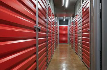 Storage corridor warehouse. Self storage facility, red metal doors with locks. Moving, organizing,...