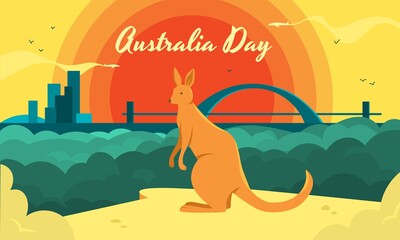 Australia Day horizontal illustration with a kangaroo as a symbol of the country and beautiful urban landscape. Anniversary Day as national Australian holiday for praising the sovereignty.