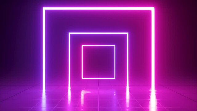 ultraviolet neon abstract background with 3d square frame. Looping animation of glowing lines changing colors. Continuous sequence motion design. Live image, modern minimal animated laser rays