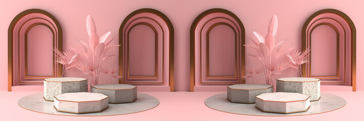 3D rendering of Octagon marble Pedestal, and pink walls with circular arches. Podium for display product on the pink floor can be used for advertising Isolated on pink background, illustration.