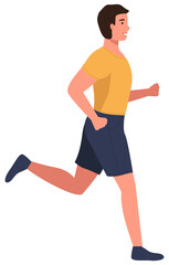 Muscular young man in sports wear running or jogging. Workout excercise. Marathon athlete runner doing sprint outdoor. Simple flat vector illustration sprinter sportsman isolated on white background