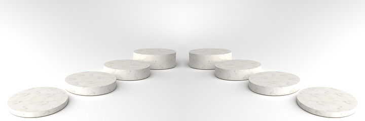 3D rendering of Round marble Pedestal, Podium for display product on the white floor. Pedestal can be used for commercial advertising, Isolated on white background, Product Presentation, illustration.
