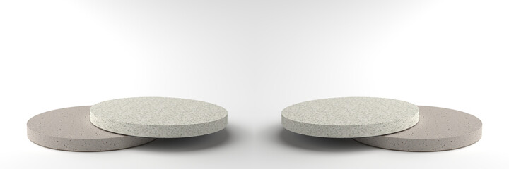 3D rendering of Round marble Pedestal is overlapping, Podium for display product on the white floor. Pedestal can be used for advertising, Isolated on white background, Minimalist white, illustration.
