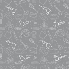 Seamless pattern of baking and cooking tools stock illustration in doodle sketch style. Design for background, fabric, wrapping paper, textile, wallpaper etc.