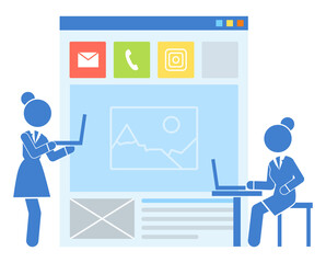 Concept of modern website with social network. Two business women using laptops standing and sitting at table, using site. Email button, phone icon, illustration, text block. Design of webpage