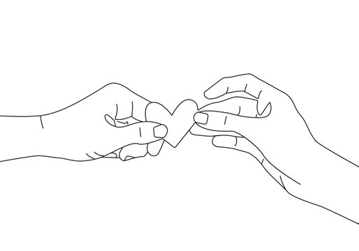 Hands with Heart Continuous Line Drawing. Hands Couple Trendy Minimalist Illustration. Love Together Line Abstract Concept. Hands Couple Minimalist Contour Drawing. Vector EPS 10.