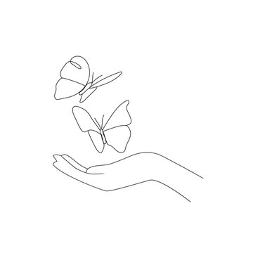 Female Hand with Butterflies Continuous One Line Drawing. Butterfly on Hand Line Art Style Illustration. Black White Modern Artwork. Minimalist Abstract Design. Vector EPS 10.