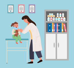 Doctor examines child in hospital. Baby sits with a teddy bear. Pediatrician examines the patient s oral cavity. Little female character at appointment with doctor. Physician works at clinic