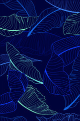 Fototapeta na wymiar Multicolor of lines pattern banana tree and leaves that it is a tropical plant on dark blue background, flat line vector and illustration.