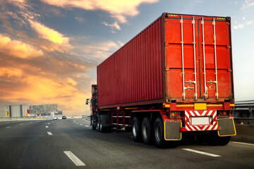 image motion blur.Truck on highway road with red container, transportation concept.,import,export...