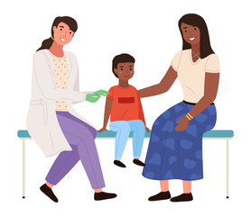 Obraz premium The nurse with a syringe vaccinates the child. Mom and son at the appointment in the hospital. Female character works at clinic with special equipment. A doctor giving an injection to a little boy