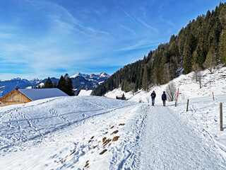 Hikers and walkers on the beautiful idyllic fresh snow of the Alpstein mountain massif and in the...