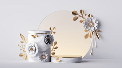 3d render, abstract white background with gold and white paper flowers and marble pedestal. Blank floral mockup for cosmetics presentation, empty showcase for product displaying