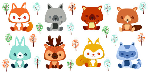 Collection of cartoon animals isolated on white background. Tropical and forest characters emoji stickers and avatars set. Heads with funny expressions. Vector illustration
