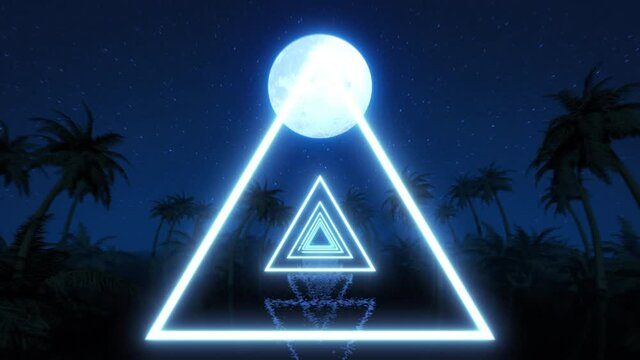 Retro wave style flyer along tropical river. Palm trees silhouettes. Moon in the sky. Dark blue night. Water reflections. Bright neon triangles lights. Seamless loop 4K animation. 3D Render. 80s, 90s
