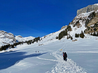 Hikers and walkers on the beautiful idyllic fresh snow of the Alpstein mountain massif and in the...