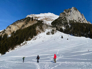 Hikers and walkers on the beautiful idyllic fresh snow of the Alpstein mountain massif and in the...