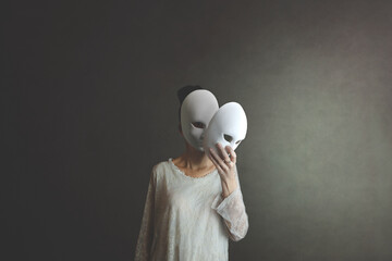woman takes off the mask from her face but underneath her she has another mask, concept of hiding...