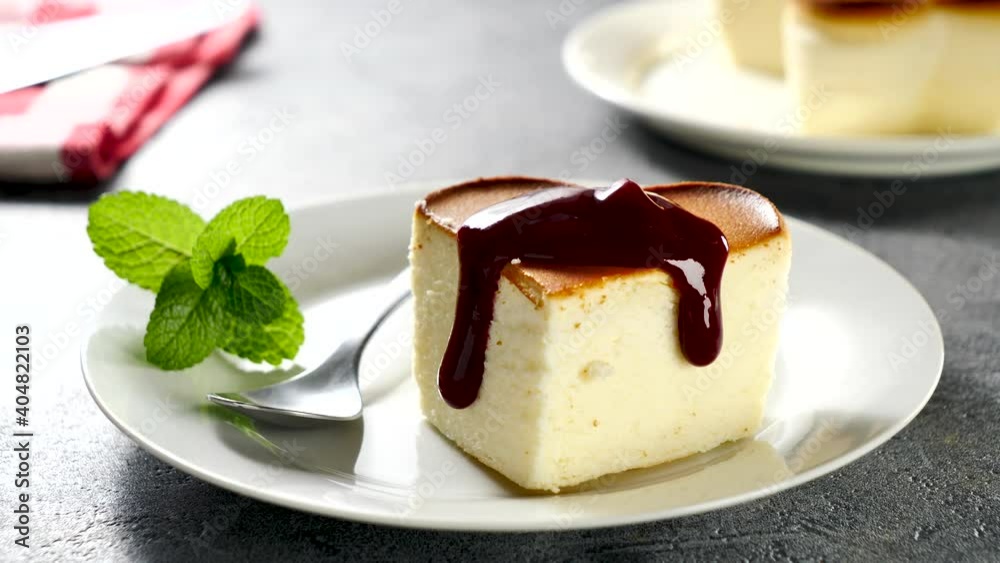 Poster cheese cake with pouring syrup