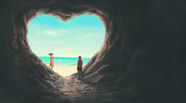 Love concept artwork, man and woman with heart cave and sea, imagination painting, 3d illustration, surreal conceptual art, fantasy landscape