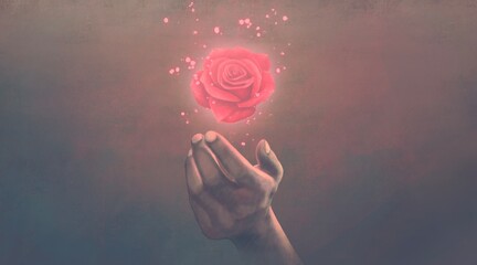 Love concept artwork Floating red rose with hand, imagination painting, 3d illustration, surreal conceptual art
