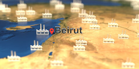 Factory icons near Beirut city on the map, industrial production related 3D rendering