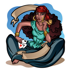 Gypsy fortuneteller woman in traditional costume sits on the ground, holds game cards and smokes the pipe.  Hand drawn vector illustration for custom design and print.