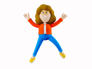 Girl Susie has fun. She is jumping. 3d rendering. 3d illustration. 3d character