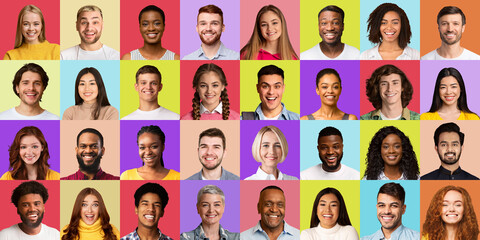 Multiple Portraits Of Multiethnic People In Collage Over Colorful Backgrounds