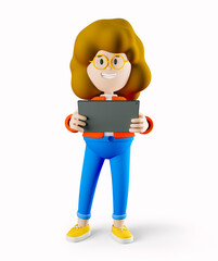 Girl Susie holds the tablet in her hands. 3d rendering. 3d illustration. 3d character