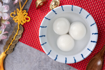 Top view of big tangyuan in a bowl for Chinese new year food.