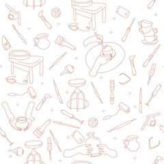Clay crafting seamless pattern in doodle style.Pottery modeling and sculpture tools.Line art instruments. Ceramics workshop.Background,print for website,textile,stationery.Wallpaper for app,smartphone