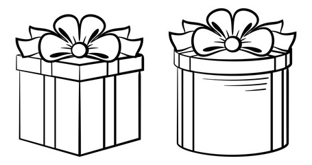 Gift Boxes Square and Round Forms with Bows, Black Contours Isolated on White. Vector