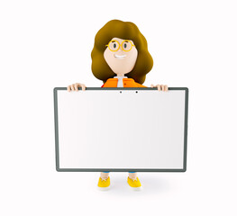 Girl Susie holds a device with empty screen in her hands. 3d rendering. 3d illustration. 3d character