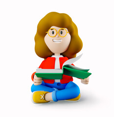 Girl Susie sits with the book in her hands. 3d rendering. 3d illustration. 3d character