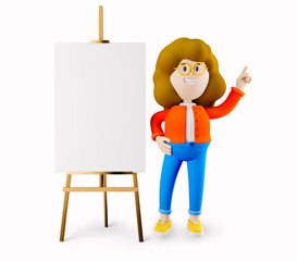 Girl Susie stands near easel with empty sheet. 3d rendering. 3d illustration. 3d character