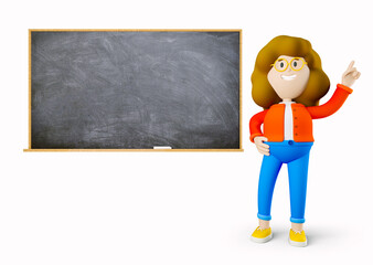 Girl Susie stands near the school board with empty space. 3d rendering. 3d illustration. 3d character