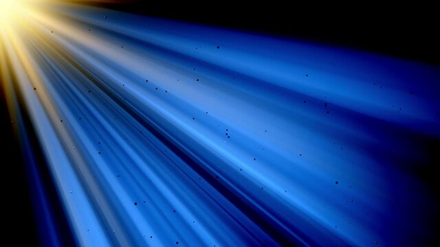 Animation of blue and yellow rays of the sun on a black background shine. 
Small particles in the rays of light.