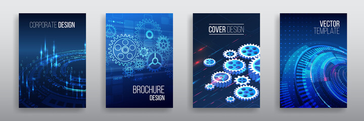 Abstract technology cover with various elements. High tech brochure design concept. Set of Futuristic business layout. Digital poster templates. - obrazy, fototapety, plakaty