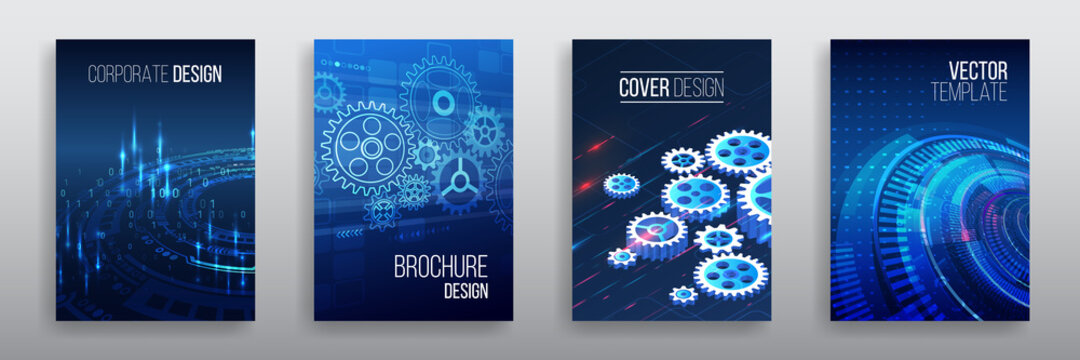 Abstract technology cover with various elements. High tech brochure design concept. Set of Futuristic business layout. Digital poster templates.
