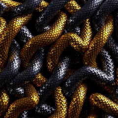3d render, abstract background with tangled and interlaced golden and black snakes, metallic scales texture