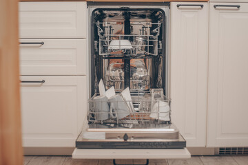 Built-in dishwasher in the kitchen, washing dishes. Plates, cups, glasses are worth washing. Household chores, everyday life