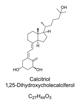Calcitriol, chemical structure and skeletal formula. The active form of vitamin D, made in the kidney, also a medication  for the treatment of low blood calcium. 1,25-dihydroxycholecalciferol. Vector.