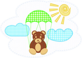 Naklejka premium Cute composition with sun, clouds and teddy bear on parachute