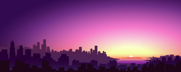 Big city. Cityscape with a beautiful sunset. Wide highway front view. Cyberpunk and retro wave style illustration.